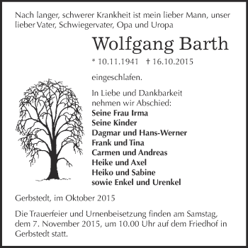 Traueranzeige von Wolfgang Barth von Super Sonntag SGH Mansf. Land