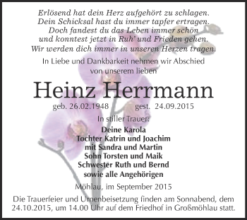 Traueranzeige von Heinz Herrmann von WVG - Wochenspiegel Wittenberg