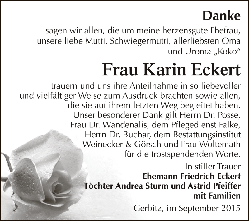  Traueranzeige für Karin Eckert vom 03.10.2015 aus Super Sonntag Bernburg