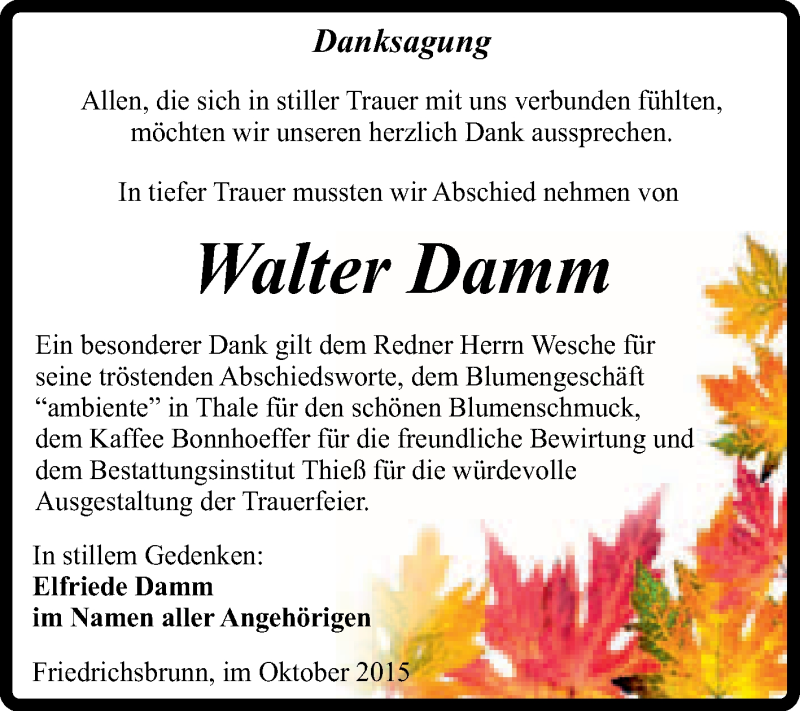  Traueranzeige für Walter Damm vom 10.10.2015 aus Super Sonntag Quedlinburg