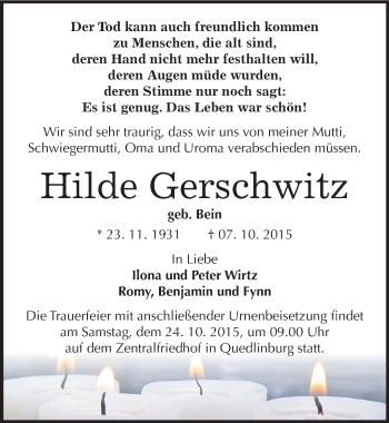 Traueranzeige von Hilde Gerschwitz von Mitteldeutsche Zeitung Quedlinburg