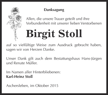 Traueranzeige von Birgit Stoll von Super Sonntag Aschersleben