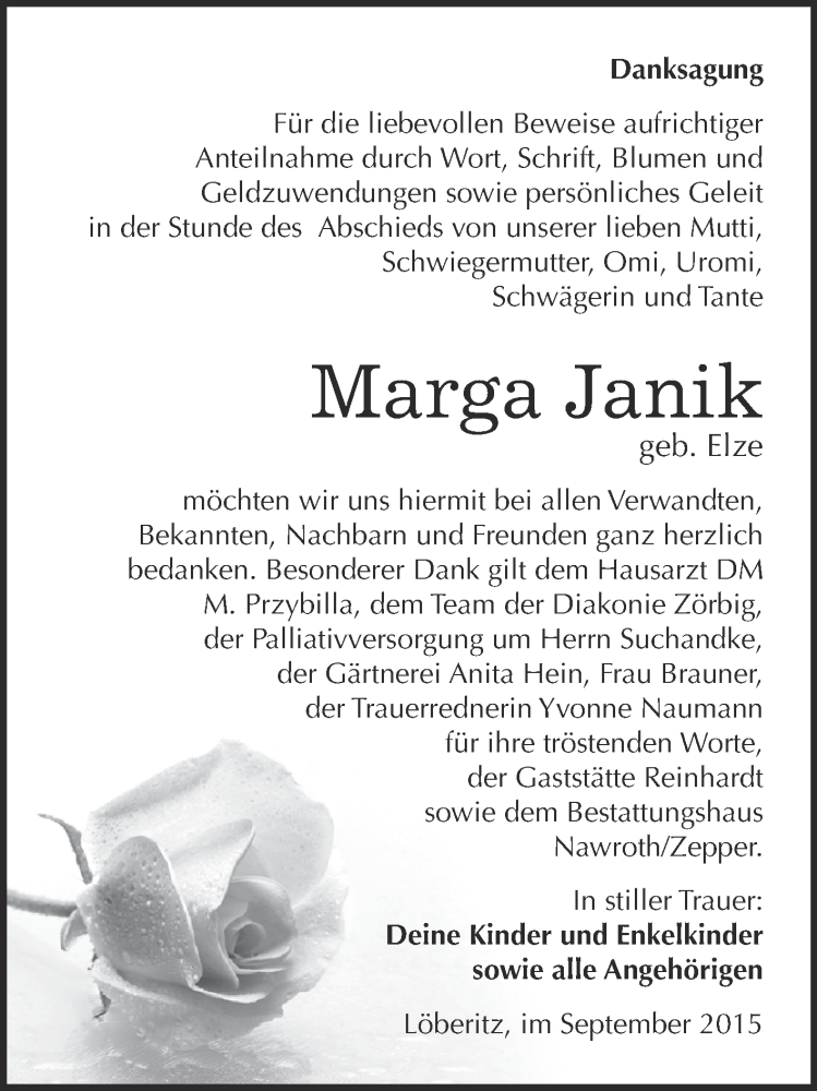  Traueranzeige für Marga Janik vom 10.10.2015 aus WVG - Wochenspiegel Dessau / Köthen