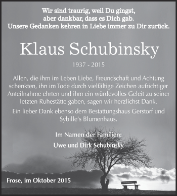 Traueranzeige von Klaus Schubinsky von Super Sonntag Aschersleben