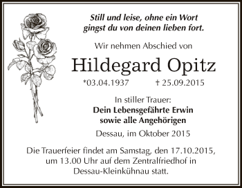 Traueranzeige von Hildegard Opitz von WVG - Wochenspiegel Dessau / Köthen
