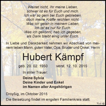 Traueranzeige von Hubert Kämpf von Super Sonntag Zeitz