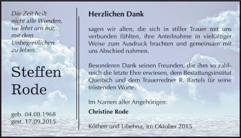 Traueranzeige von Steffen Rode von Mitteldeutsche Zeitung Köthen