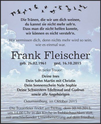 Traueranzeige von Frank Fleischer von WVG - Wochenspiegel Dessau / Köthen