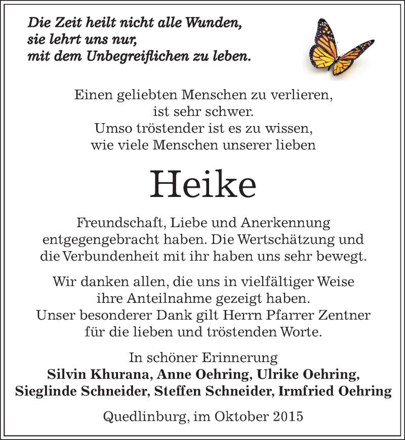  Traueranzeige für Heike  vom 29.10.2015 aus Mitteldeutsche Zeitung Quedlinburg