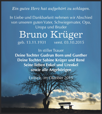 Traueranzeige von Bruno Krüger von Super Sonntag Zeitz