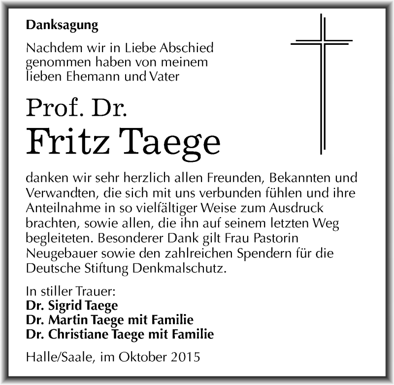  Traueranzeige für Fritz Taege vom 24.10.2015 aus Mitteldeutsche Zeitung Halle/Saalkreis