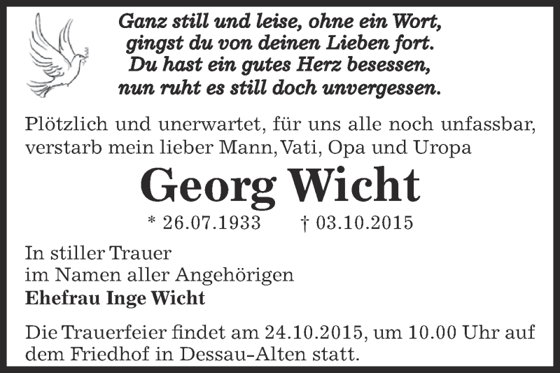  Traueranzeige für Georg Wicht vom 17.10.2015 aus WVG - Wochenspiegel Dessau / Köthen