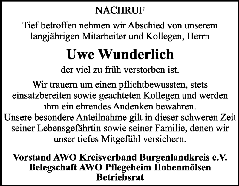  Traueranzeige für Uwe Wunderlich vom 07.10.2015 aus WVG - Wochenspiegel NMB / WSF / ZTZ