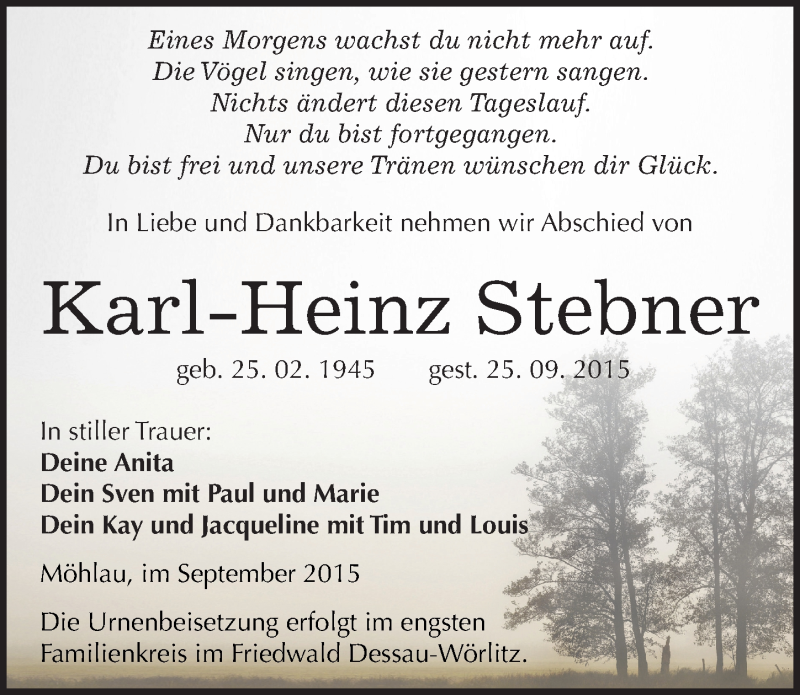  Traueranzeige für Karl-Heinz Stebner vom 03.10.2015 aus Mitteldeutsche Zeitung Wittenberg