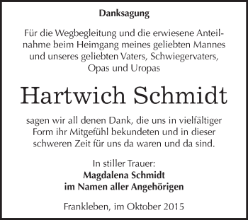 Traueranzeige von Hartwich Schmidt von WVG - Wochenspiegel Merseburg