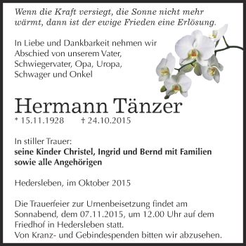 Traueranzeige von Hermann Tänzer von Super Sonntag SGH Mansf. Land