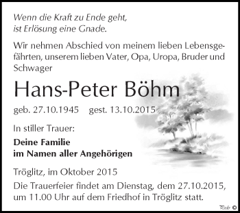 Traueranzeige von Hans-Peter Böhm von Super Sonntag Zeitz