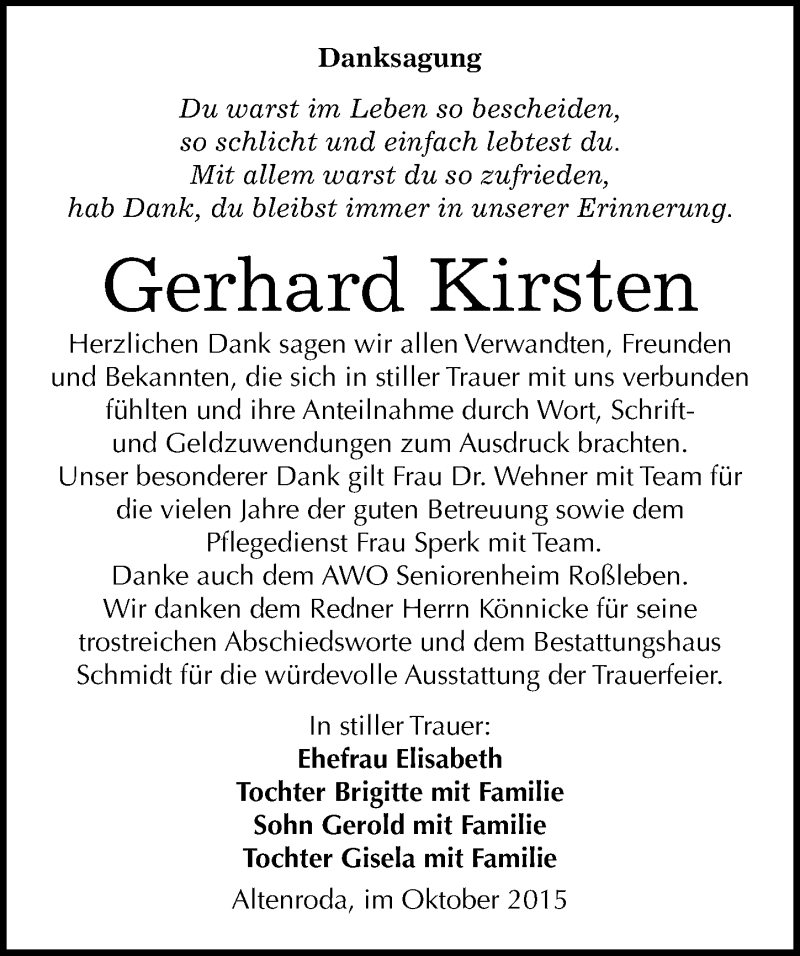  Traueranzeige für Gerhard Kirsten vom 21.10.2015 aus Mitteldeutsche Zeitung Naumburg/Nebra