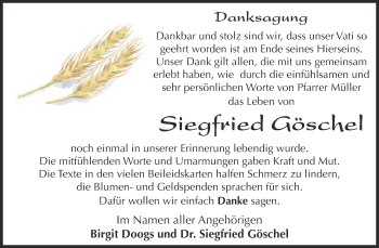 Traueranzeige von Siegfried Göschel von Wochenspiegel Mansfelder Land