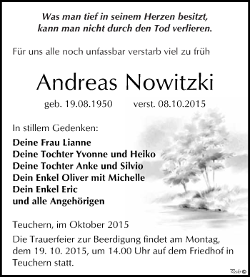 Traueranzeige von Andreas Nowitzki von WVG - Wochenspiegel NMB / WSF / ZTZ