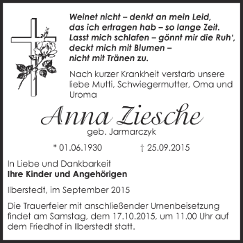 Traueranzeige von Anna Ziesche von Super Sonntag Bernburg