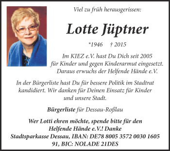 Traueranzeige von Lotte Jüptner von WVG - Wochenspiegel Dessau / Köthen