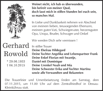 Traueranzeige von Gerhard Rowold von WVG - Wochenspiegel Dessau / Köthen