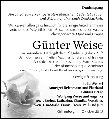 Traueranzeige von Günter Weise von Mitteldeutsche Zeitung Sangerhausen