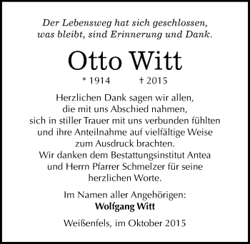 Traueranzeige von Otto Witt von Mitteldeutsche Zeitung Weißenfels