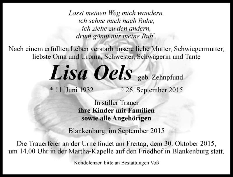  Traueranzeige für Lisa Oels vom 03.10.2015 aus Mitteldeutsche Zeitung Quedlinburg