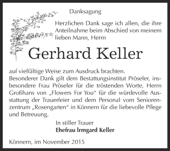 Traueranzeige von Gerhard Keller von Super Sonntag Bernburg