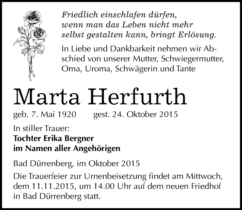 Traueranzeige für Marta Herfurth vom 30.10.2015 aus Mitteldeutsche Zeitung Merseburg/Querfurt