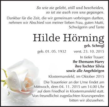 Traueranzeige von Hilde Hörning von Mitteldeutsche Zeitung Mansfelder Land
