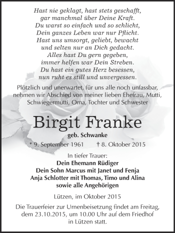 Traueranzeige von Birgit Franke von Super Sonntag Merseburg