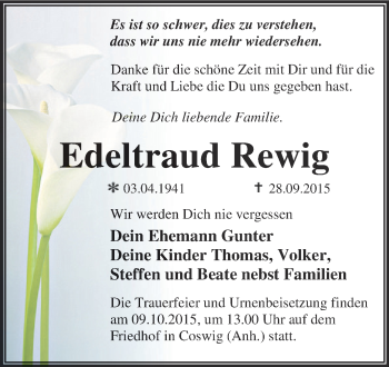Traueranzeige von Edeltraud Rewig von WVG - Wochenspiegel Dessau / Köthen