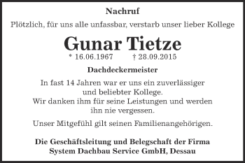 Traueranzeige von Gunar Tietze von Super Sonntag Dessau / Köthen