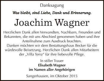 Traueranzeige von Joachim Wagner von Super Sonntag SGH Mansf. Land