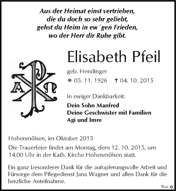 Traueranzeige von Elisabeth Pfeil von Mitteldeutsche Zeitung Weißenfels