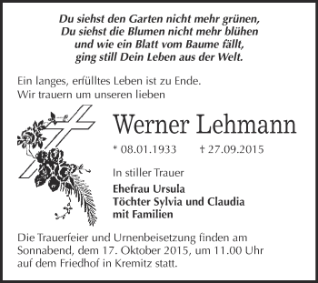 Traueranzeige von Werner Lehmann von WVG - Wochenspiegel Wittenberg