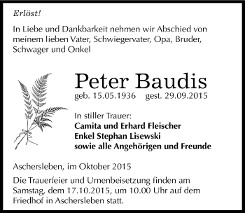 Traueranzeige von Peter Baudis von Mitteldeutsche Zeitung Aschersleben