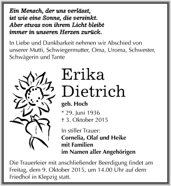 Traueranzeige von Erika Dietrich von Mitteldeutsche Zeitung Halle/Saalkreis
