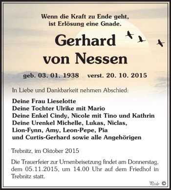 Traueranzeige von Gerhard von Nessen von WVG - Wochenspiegel NMB / WSF / ZTZ
