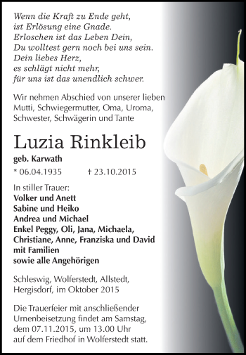 Traueranzeige von Luzia Rinkleib von Super Sonntag SGH Mansf. Land