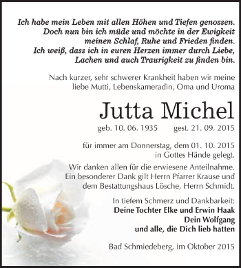 Traueranzeige von Jutta Michel von WVG - Wochenspiegel Wittenberg