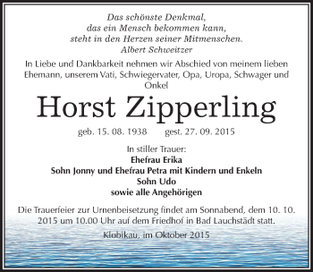 Traueranzeige von Horst Zipperling von Mitteldeutsche Zeitung Merseburg/Querfurt