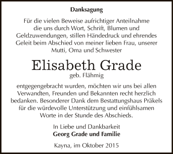 Traueranzeige von Elisabeth Grade von Super Sonntag Zeitz