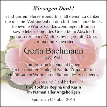 Traueranzeige von Gerta Bachmann von Super Sonntag Zeitz