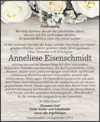 Traueranzeige von Anneliese Eisenschmidt von WVG - Wochenspiegel Merseburg