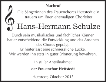 Traueranzeige von Hans-Hermann Schulze von Wochenspiegel Mansfelder Land