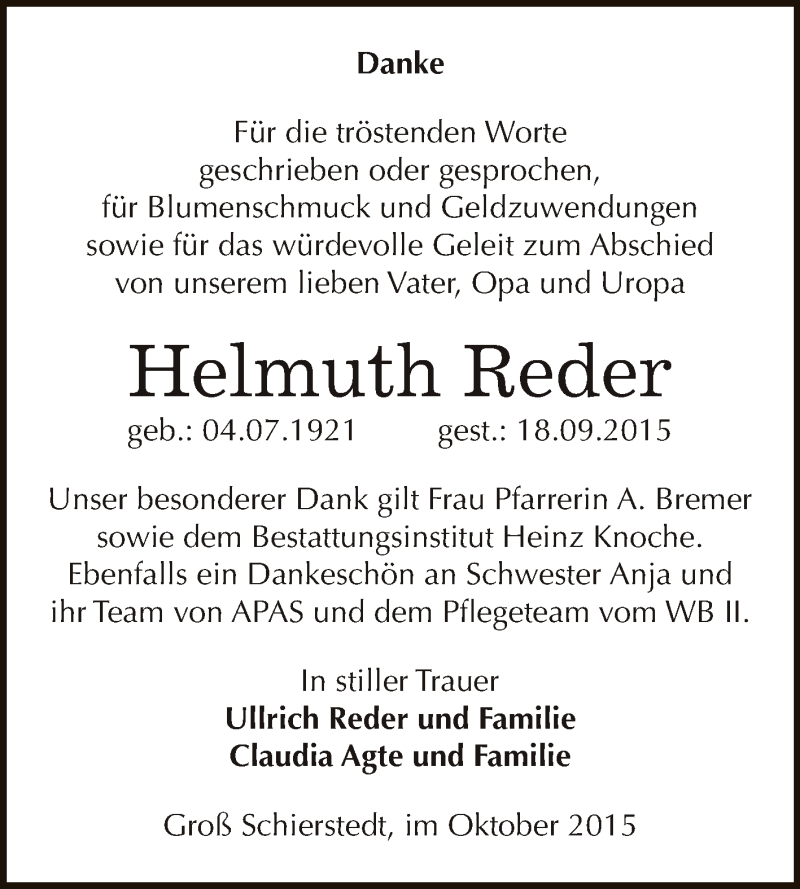  Traueranzeige für Helmuth Reder vom 21.10.2015 aus Super Sonntag Aschersleben